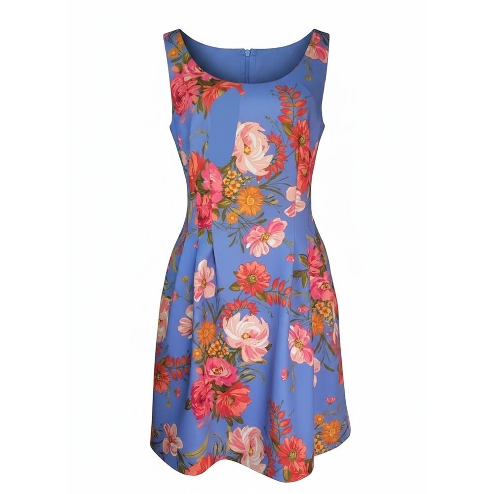 Vince Camuto Blue Orange Pink Floral Fit & Flare Sleeveless Dress Womens Size 12